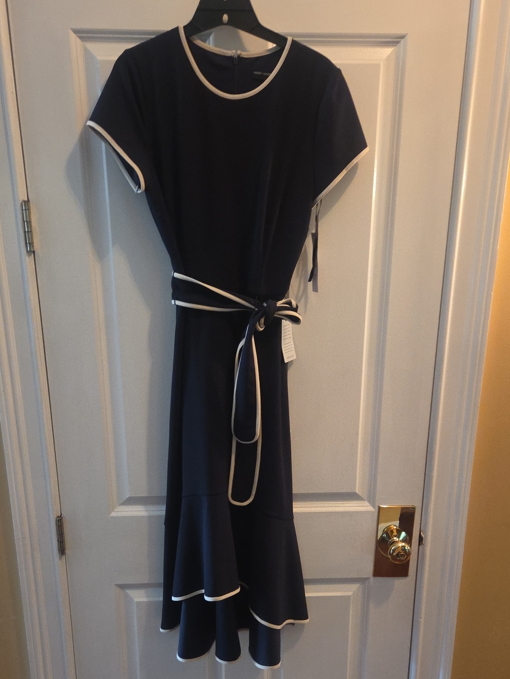 Maggy London Navy Midi Dress with White Trim and Waist Tie